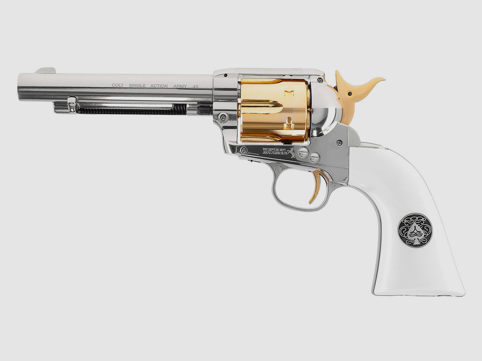 CO2 Revolver Colt Single Action Army SAA .45 Smoke Wagon 5.5 Zoll Nickel Finish weiĂźe Griffschalen Kaliber 4,5 mm BB (P18)