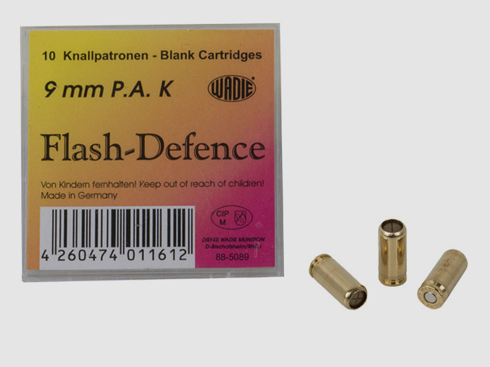 Platzpatronen Wadie Flash Defence Kaliber 9 mm P.A. fĂĽr Pistolen 10 StĂĽck (P18)