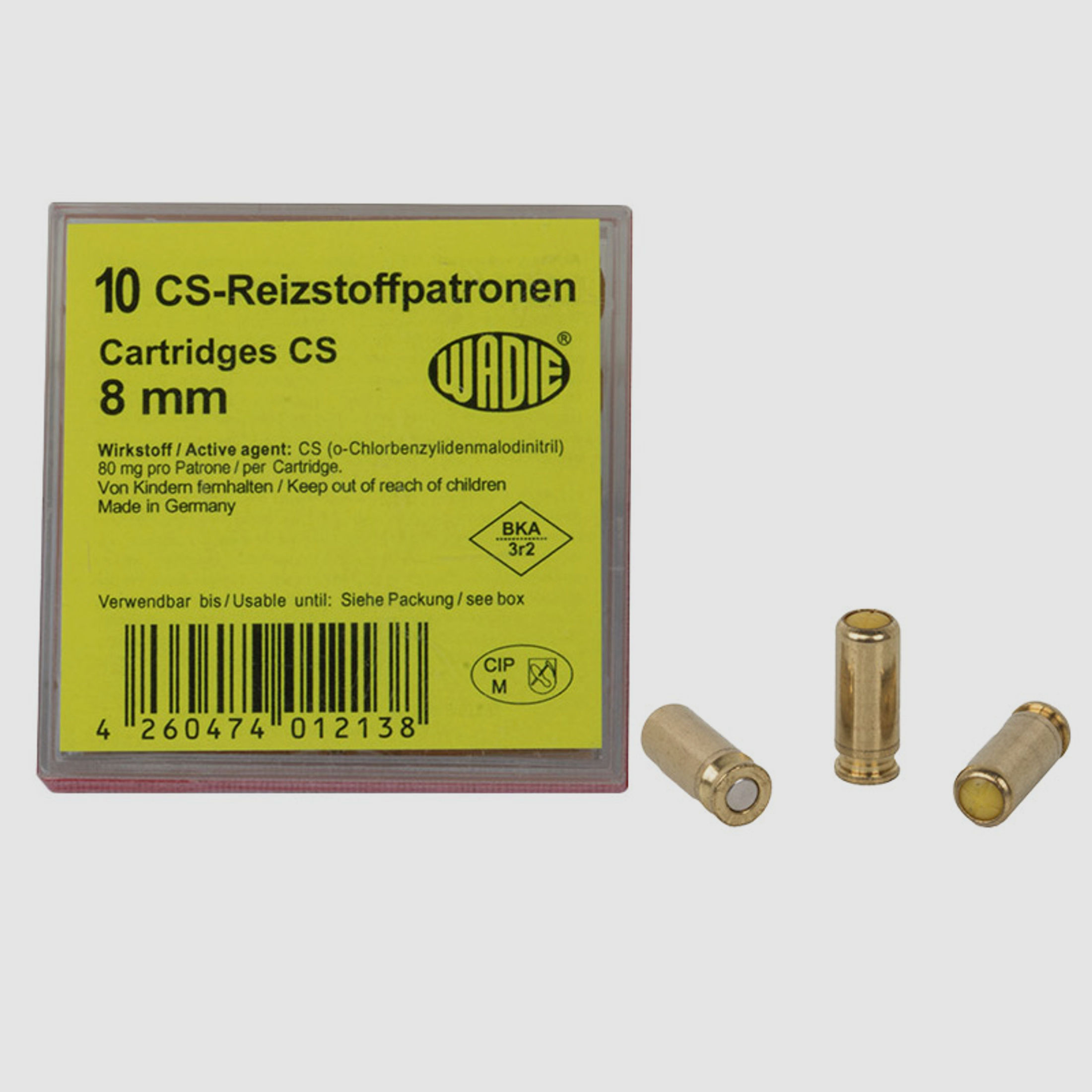 CS Gaspatronen Reizstoffpatronen Wadie Kaliber 8 mm fĂĽr Pistolen 80 mg Wirkstoff 10 StĂĽck (P18)