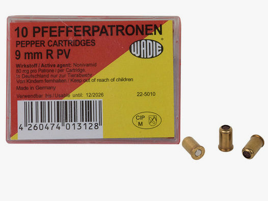 Pfefferpatronen Abwehrpatronen Wadie Kaliber 9 mm R. PV fĂĽr Revolver 80 mg Wirkstoff 10 StĂĽck (P18)