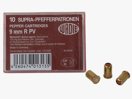 Supra Pfefferpatronen Abwehrpatronen Wadie Kaliber 9 mm R. PV fĂĽr Revolver 120 mg Wirkstoff 10 StĂĽck (P18)