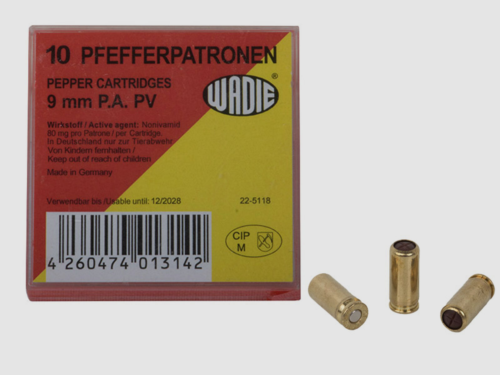 Pfefferpatronen Abwehrpatronen Wadie Kaliber 9 mm P.A. PV fĂĽr Pistolen 80 mg Wirkstoff 10 StĂĽck (P18)