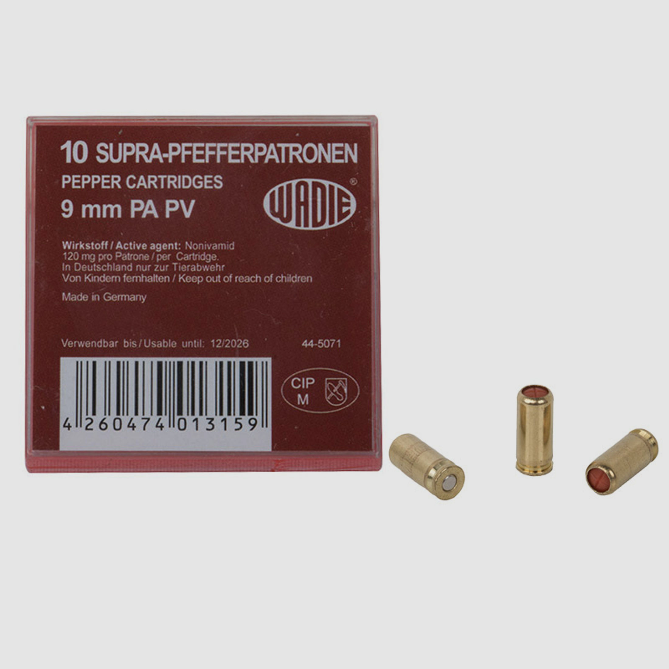 Supra Pfefferpatronen Abwehrpatronen Wadie Kaliber 9 mm P.A. PV fĂĽr Pistolen 120 mg Wirkstoff 10 StĂĽck (P18)