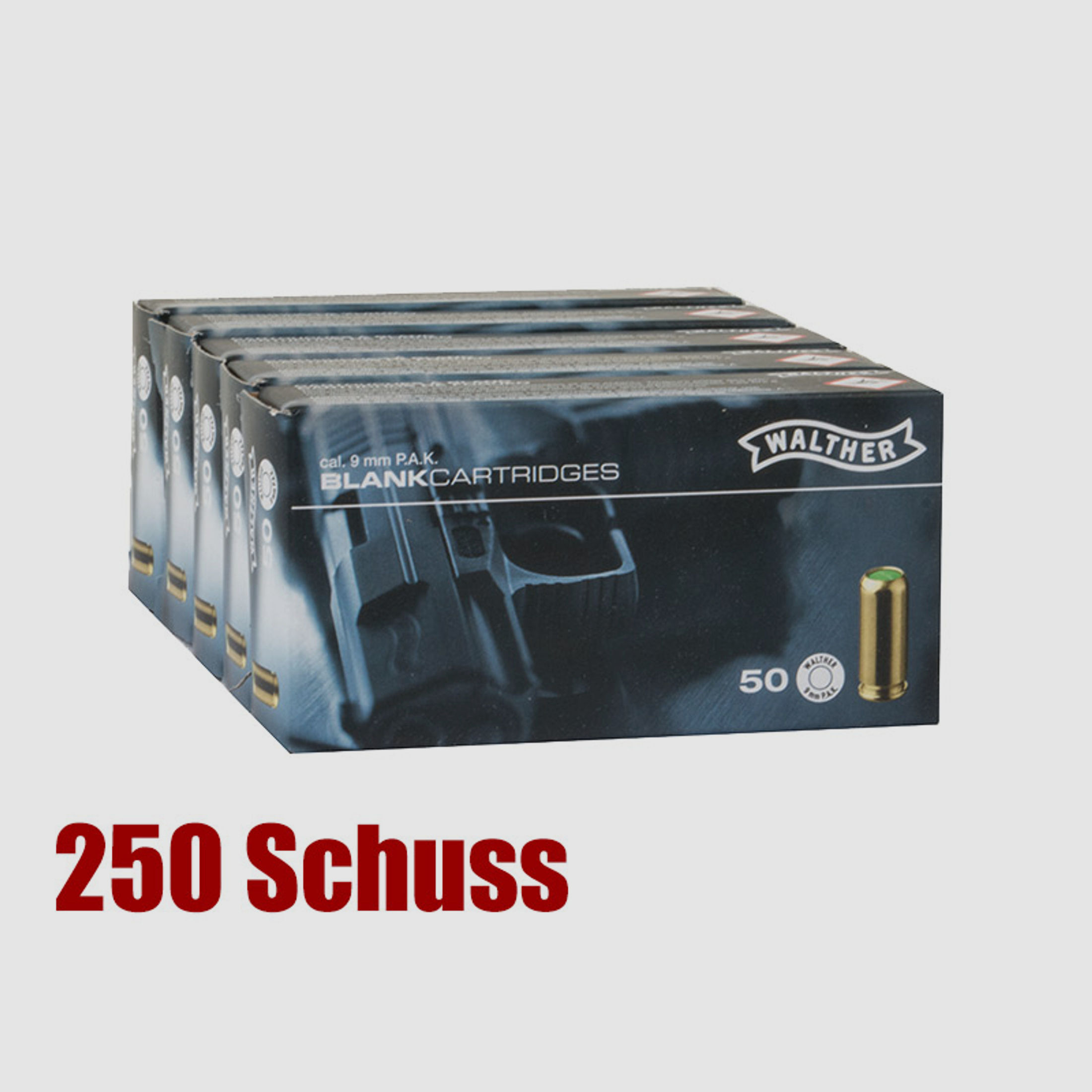 Vorteilspack Platzpatronen Walther Nitro Kaliber 9 mm P.A. fĂĽr Pistolen Messing 250 StĂĽck (P18)