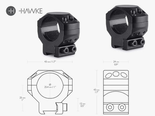 B-Ware Zielfernrohrmontage Ringmontage (Paar) Hawke 9 bis 11 mm Schiene 1 Zoll Durchmesser Aluminium mittel