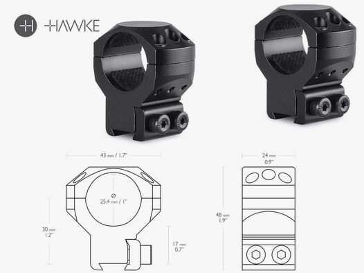 HAWKE Zielfernrohrmontage, Ringmontage (Paar), 9-11 mm Schiene, 1 Zoll Durchmesser, Alu, hoch