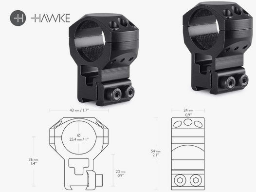 HAWKE Zielfernrohrmontage, Ringmontage (Paar), 9-11 mm Schiene, 1 Zoll Durchmesser, Alu, extra-hoch