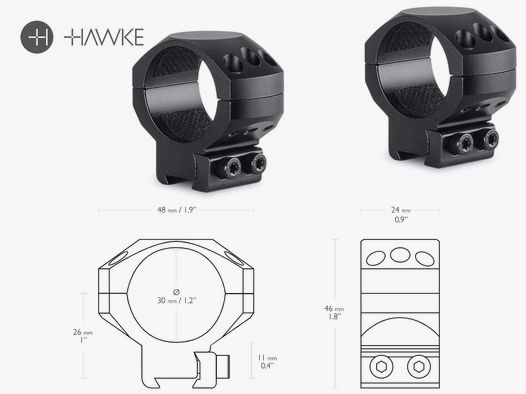 HAWKE Zielfernrohrmontage, Ringmontage (Paar), 9-11 mm Schiene, 30 mm Durchmesser, Alu, mittel