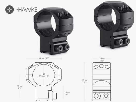 HAWKE Zielfernrohrmontage, Ringmontage (Paar), 9-11 mm Schiene, 30 mm Durchmesser, Alu, hoch