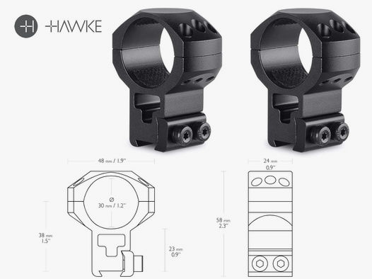 HAWKE Zielfernrohrmontage, Ringmontage (Paar), 9-11 mm Schiene, 30 mm Durchmesser, Alu, extra-hoch