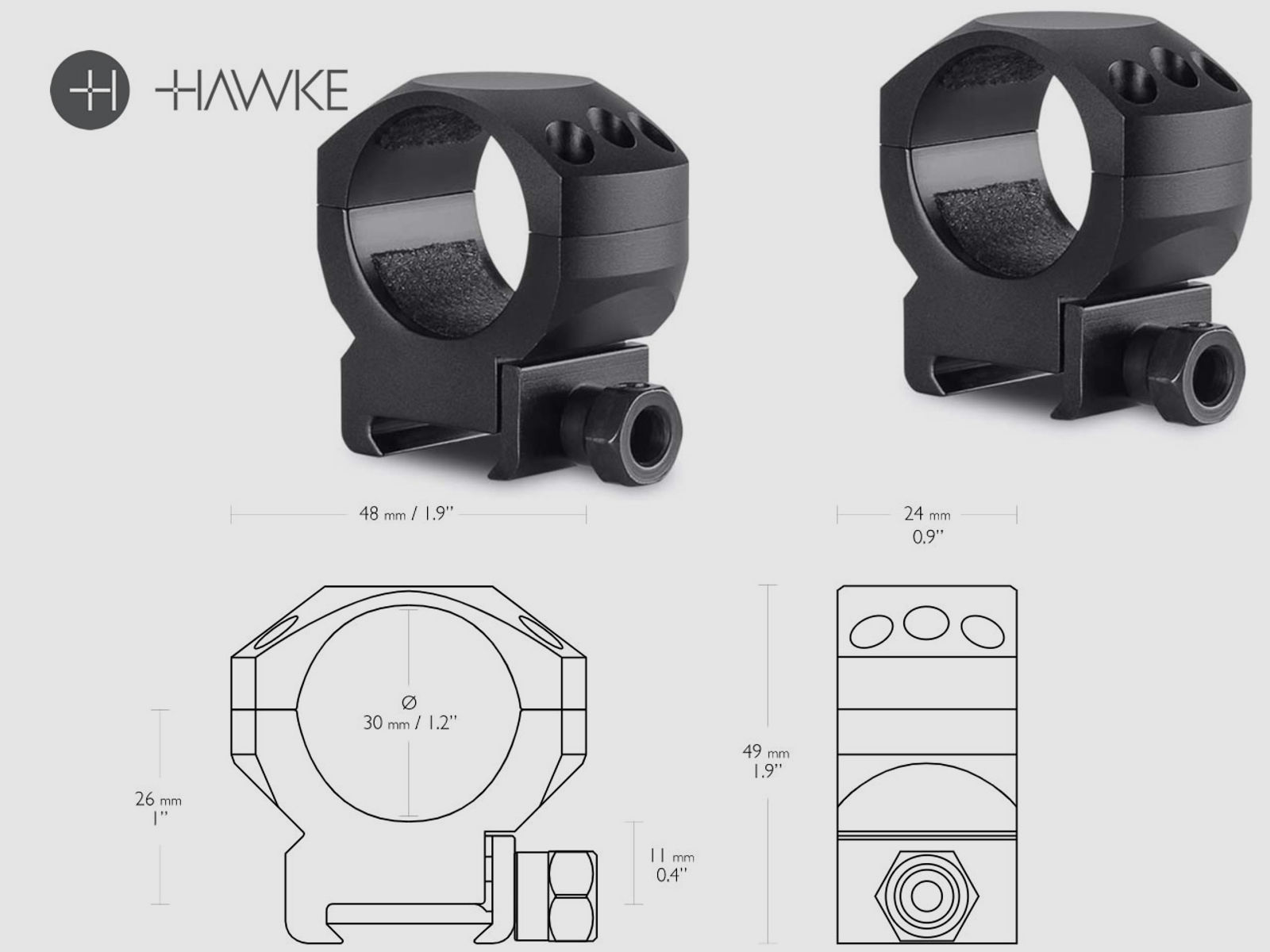 HAWKE Zielfernrohrmontage, Ringmontage (Paar), Weaverschiene, 30 mm Durchmesser, Alu, mittel