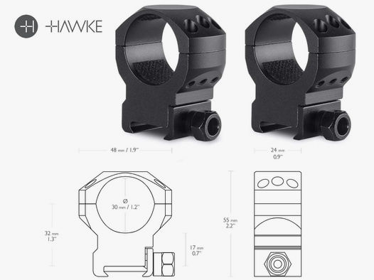 HAWKE Zielfernrohrmontage, Ringmontage (Paar), Weaverschiene, 30 mm Durchmesser, Alu, hoch