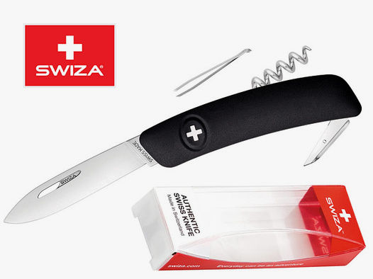 SWIZA Schweizer Messer D01, schwarz, Edelstahl 440, 6 Funktionen, Korkenzieher, Multi-Tool