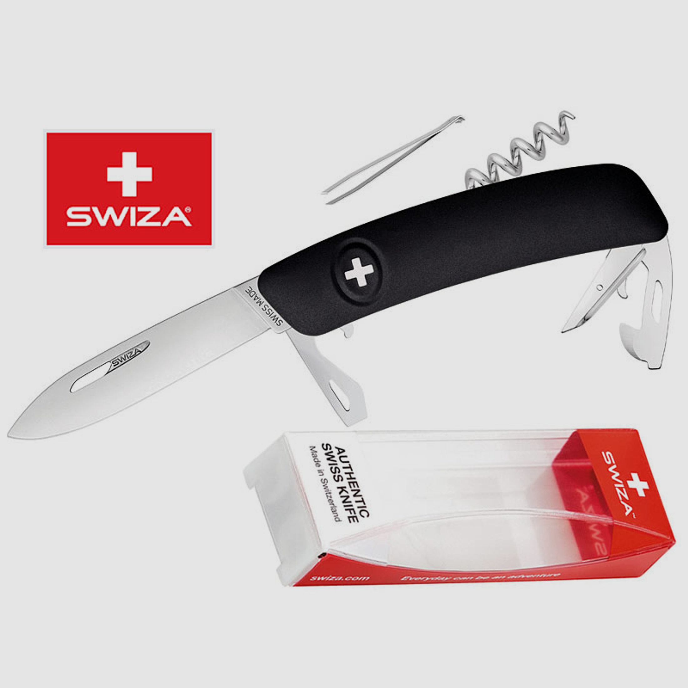 SWIZA Schweizer Messer D03, schwarz, Edelstahl 440, 11 Funktionen, Korkenzieher, Multi-Tool