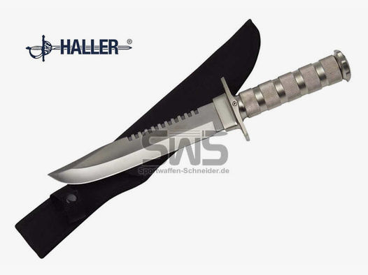 Survialmesser Haller Stahl 420 KlingenlĂ¤nge 20,5 cm Metallgriff Nylon-Scheide (P18)