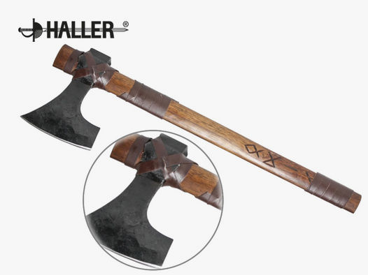HALLER Wikingeraxt II, mit Runen verziert, Blatt C-Stahl, Griff Holz, Lederwicklung, ca 505 mm