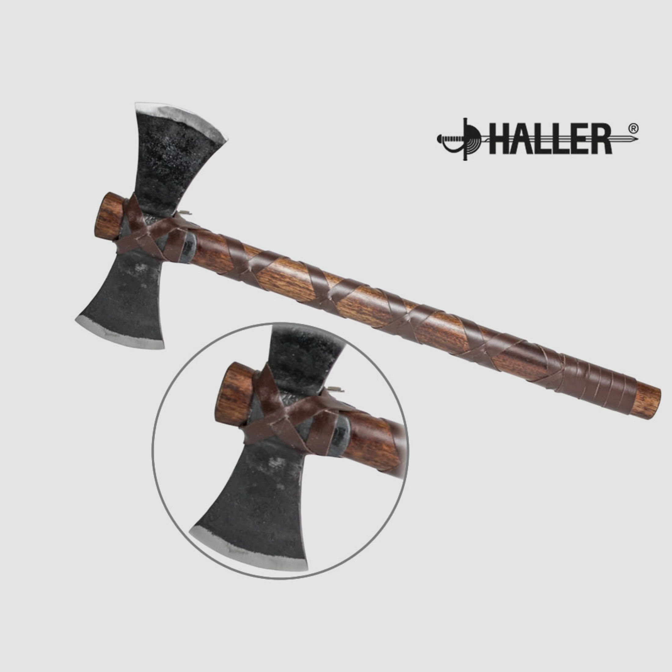 HALLER Doppelaxt, Wikinger, Blatt C-Stahl, Griff Holz, Lederwicklung, ca. 505 mm