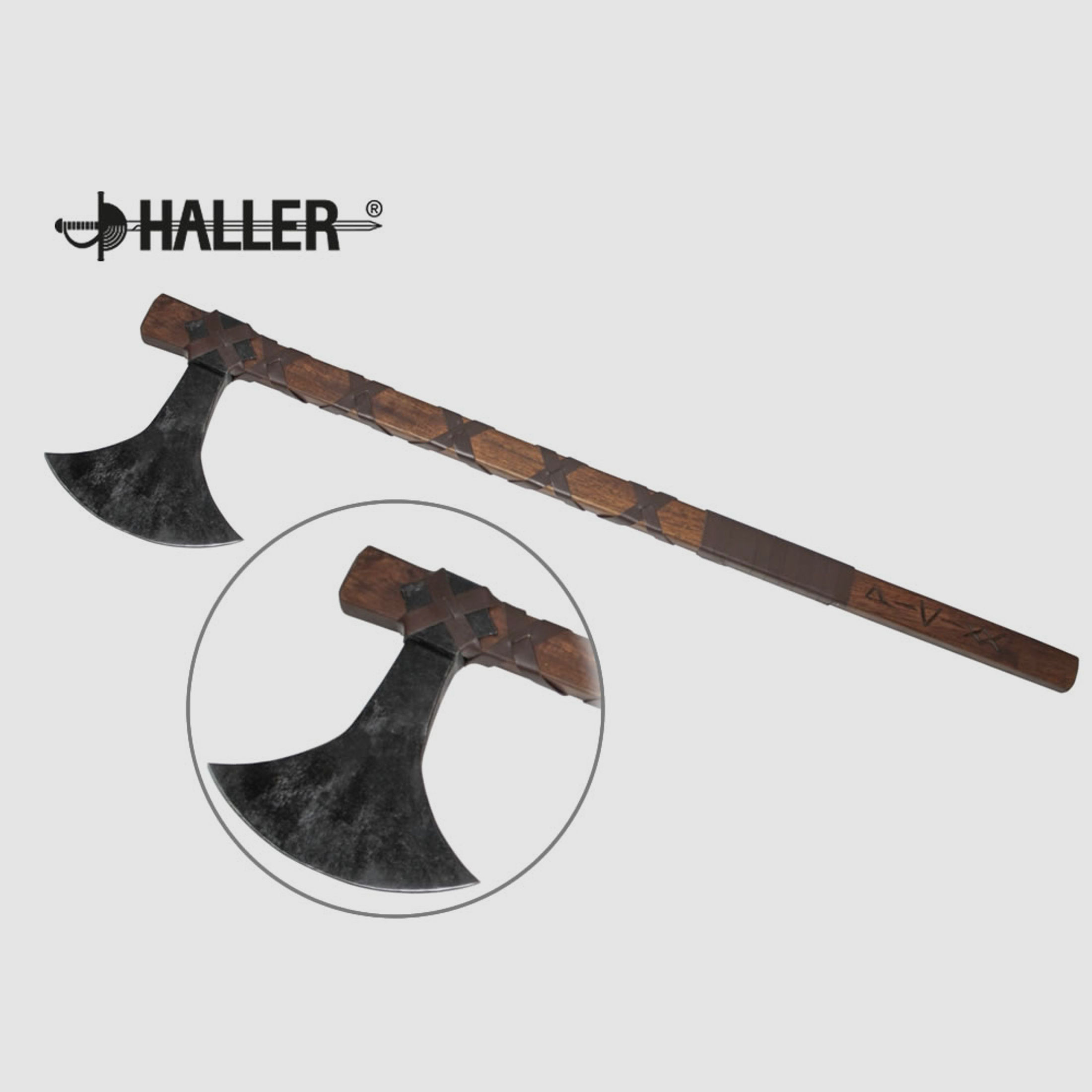 HALLER DĂ¤nenaxt, mit Runen verziert, Blatt C-Stahl, Griff Holz, Lederwicklung, ca 855 mm
