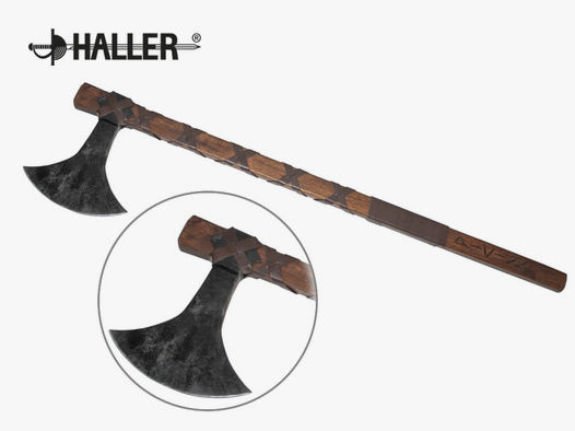 HALLER DĂ¤nenaxt, mit Runen verziert, Blatt C-Stahl, Griff Holz, Lederwicklung, ca 855 mm