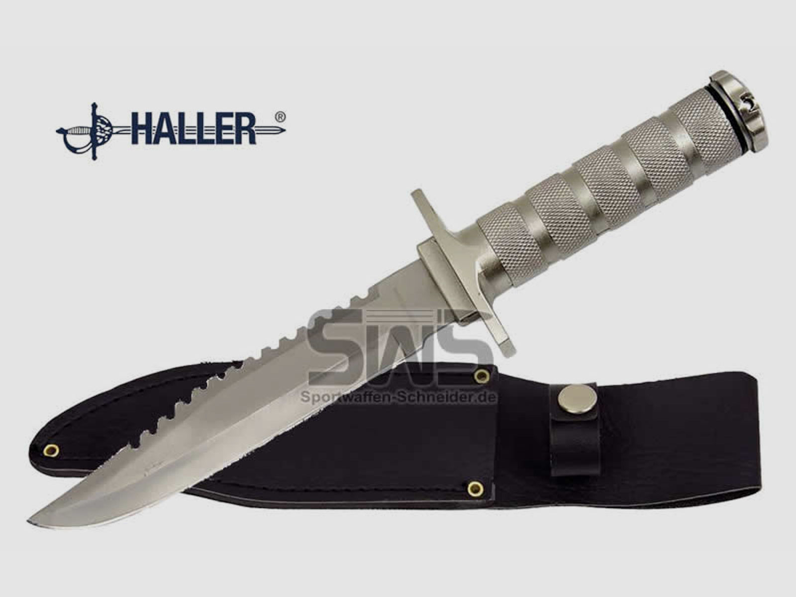 Survialmesser Haller Stahl 420 KlingenlĂ¤nge 18,0 cm Metallgriff Lederscheide (P18)