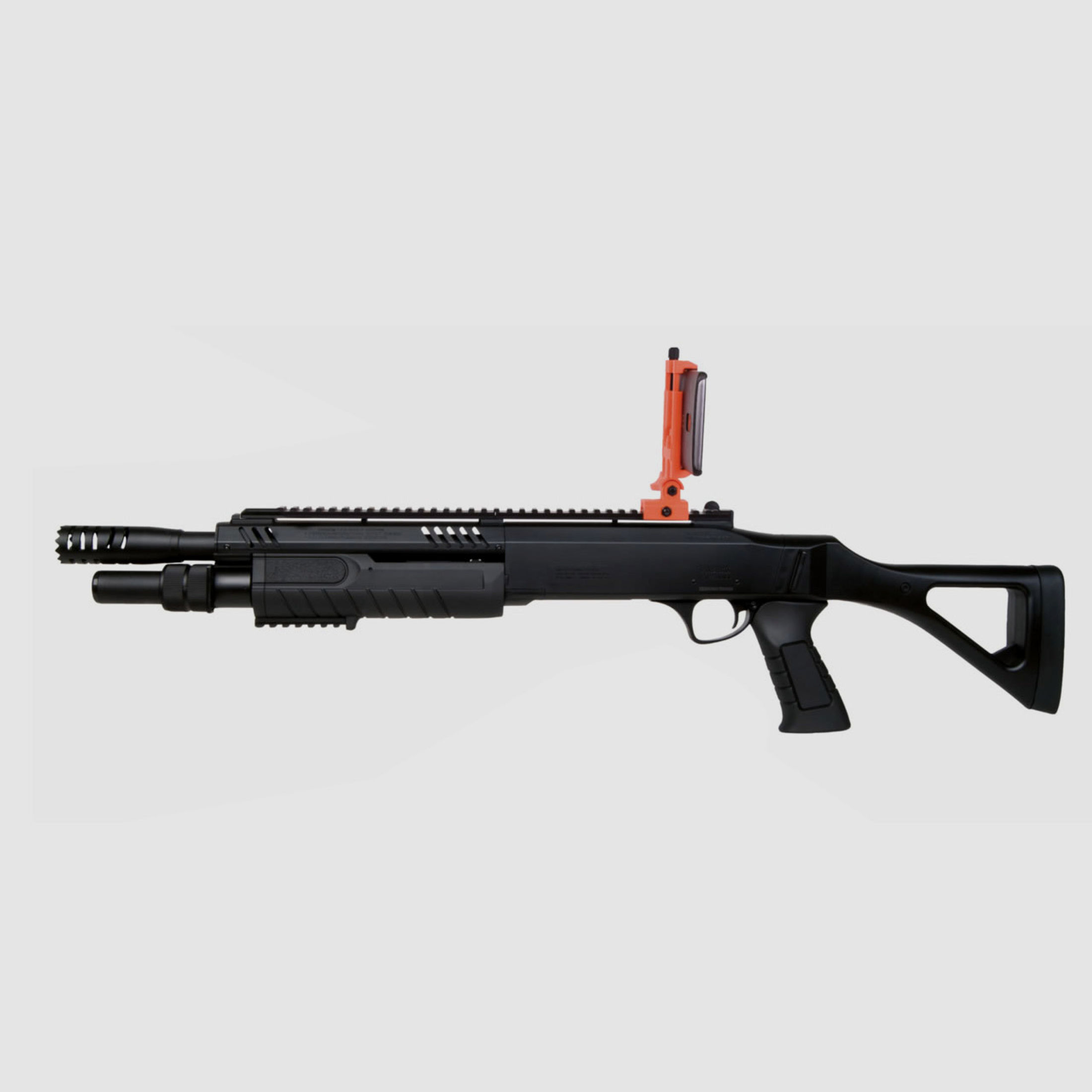Augmented Reality Federdruck Softair Gewehr Pumpgun Fabram STF12 AR Lauf 11 Zoll schwarz Kaliber 6 mm BB 3x10 Schuss (P18)