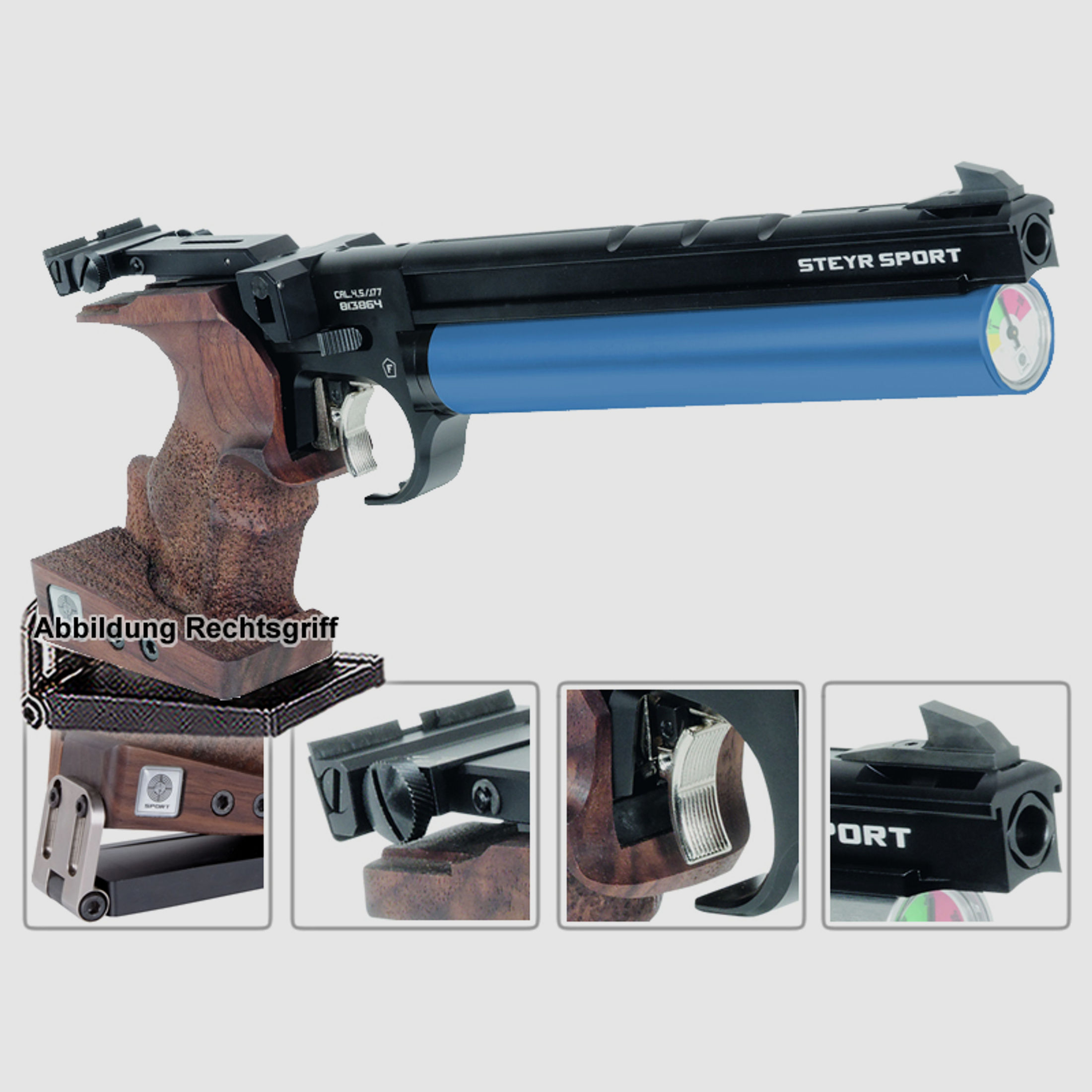 Match Pressluftpistole STEYR LP50 RF BR, 5er Magazin, blaue Kartusche, Linksgriff (P18)