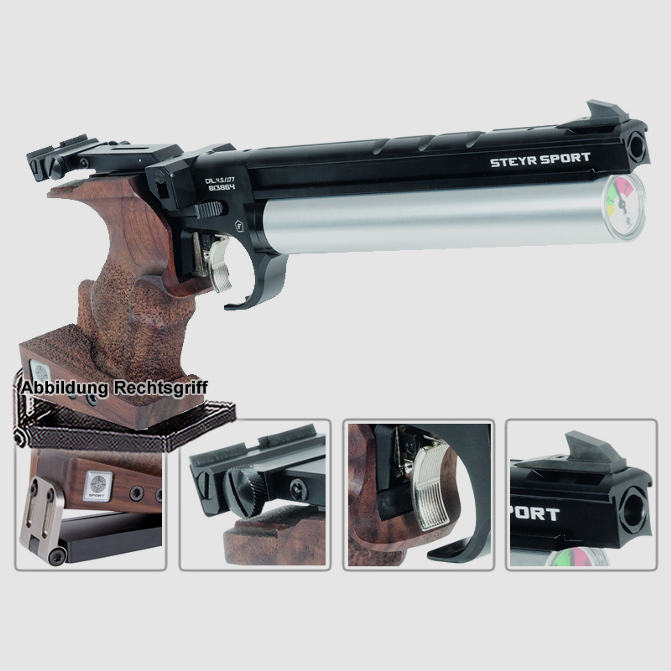 Match Pressluftpistole STEYR LP50 RF BR, 5er Magazin, silberne Kartusche, Linksgriff (P18)
