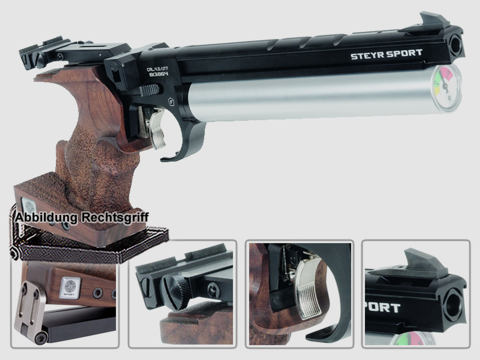 Match Pressluftpistole STEYR LP50 RF BR, 5er Magazin, silberne Kartusche, Linksgriff (P18)
