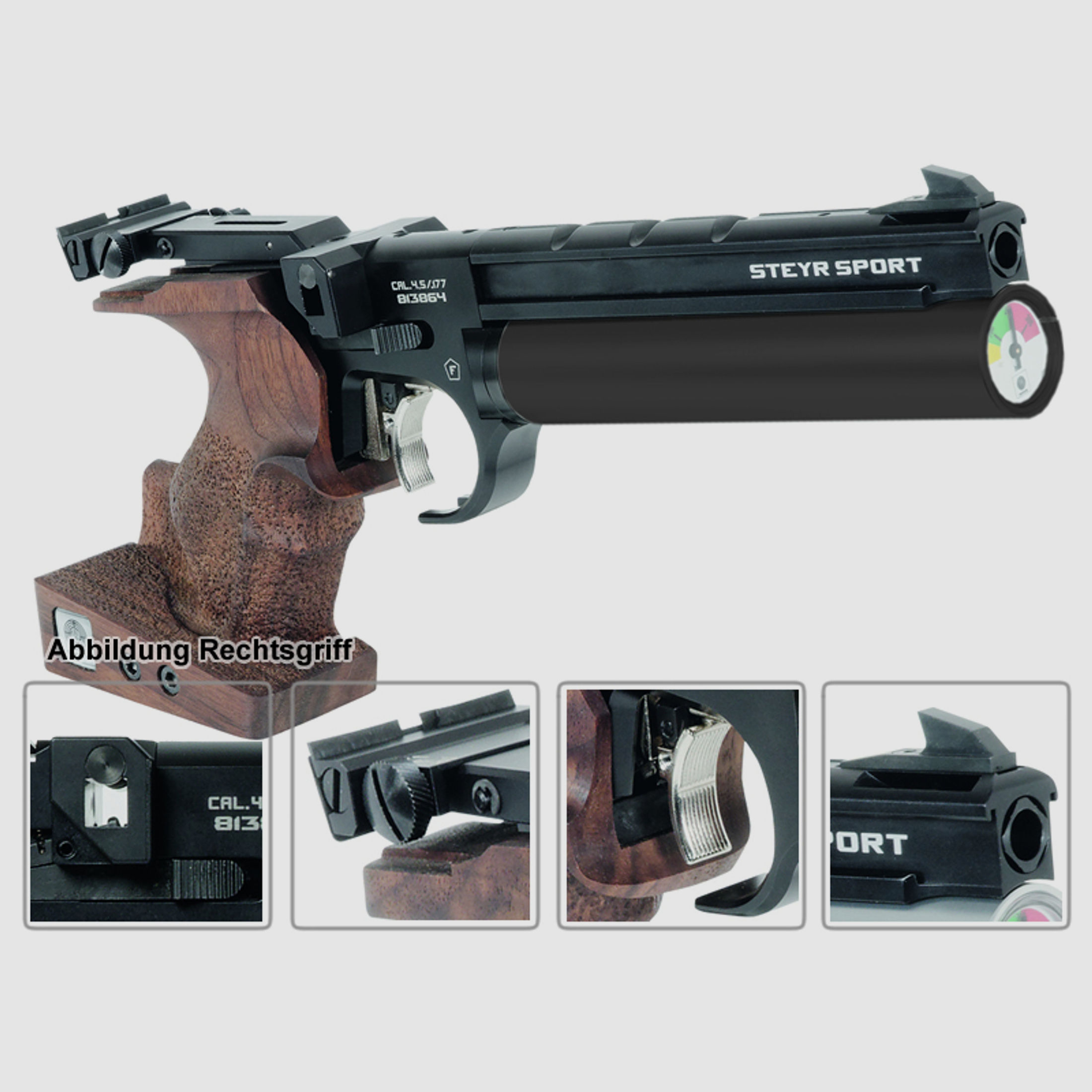 Match Pressluftpistole STEYR LP50 RF COMPACT, 5er Magazin, schwarze Kartusche, Linksgriff (P18)