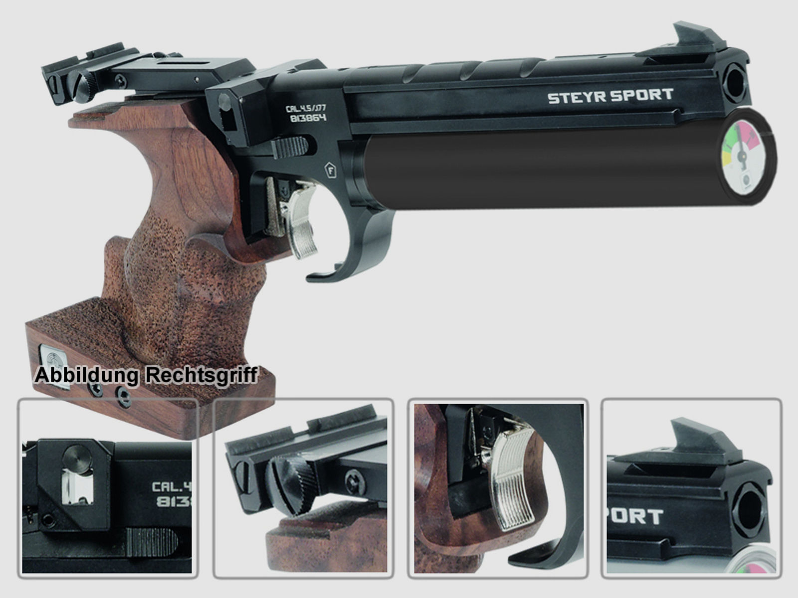 Match Pressluftpistole STEYR LP50 RF COMPACT, 5er Magazin, schwarze Kartusche, Linksgriff (P18)