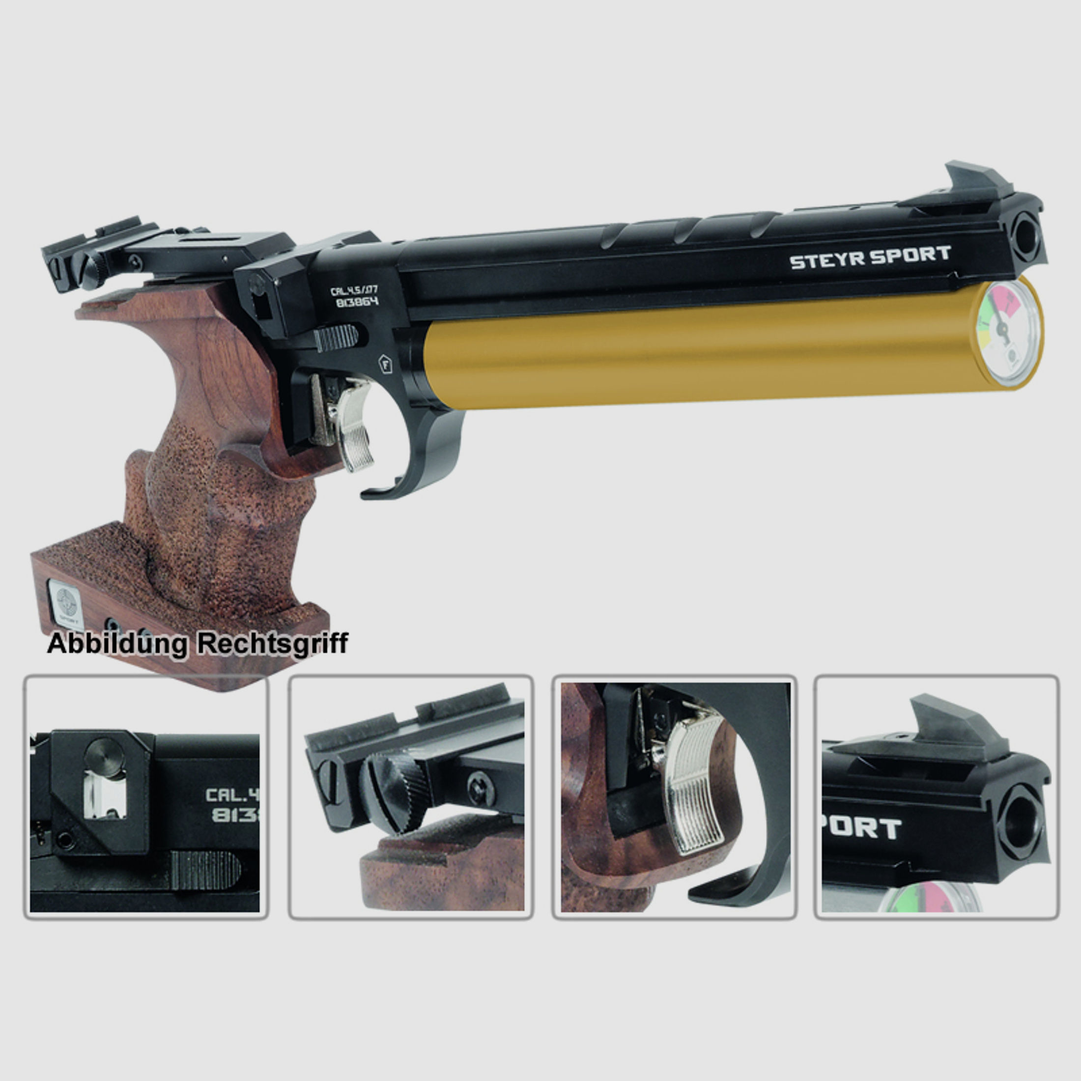Match Pressluftpistole STEYR LP50 RF, 5er Magazin, goldene Kartusche, Rechtsgriff (P18)