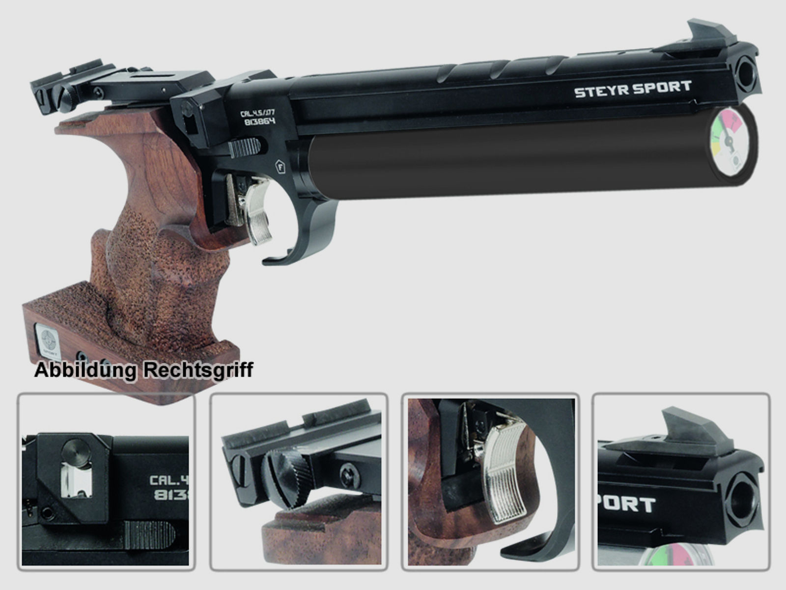 Match Pressluftpistole STEYR LP50 RF, 5er Magazin, schwarze Kartusche, Rechtsgriff (P18)