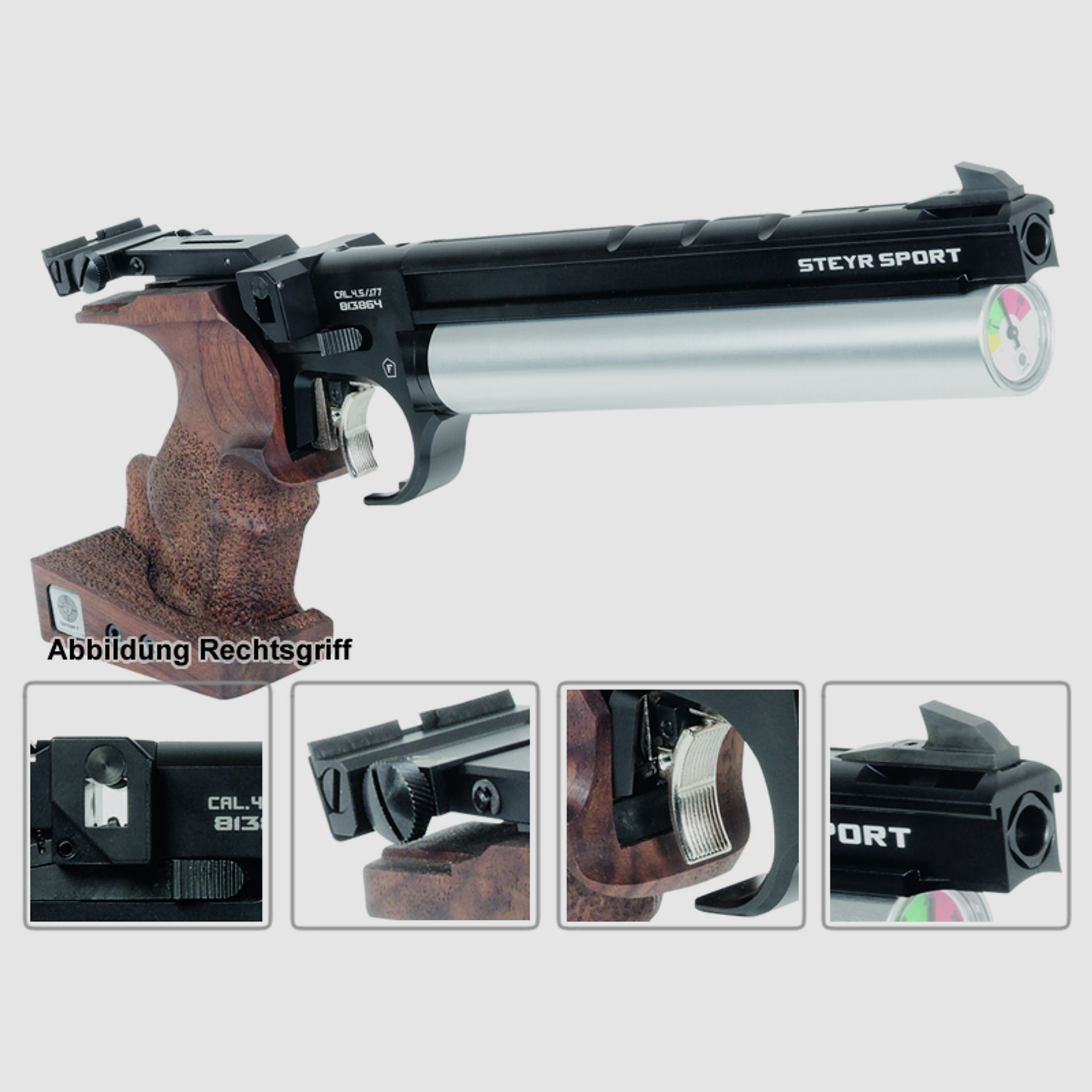 Match Pressluftpistole STEYR LP50 RF, 5er Magazin, silberne Kartusche, Rechtsgriff (P18)
