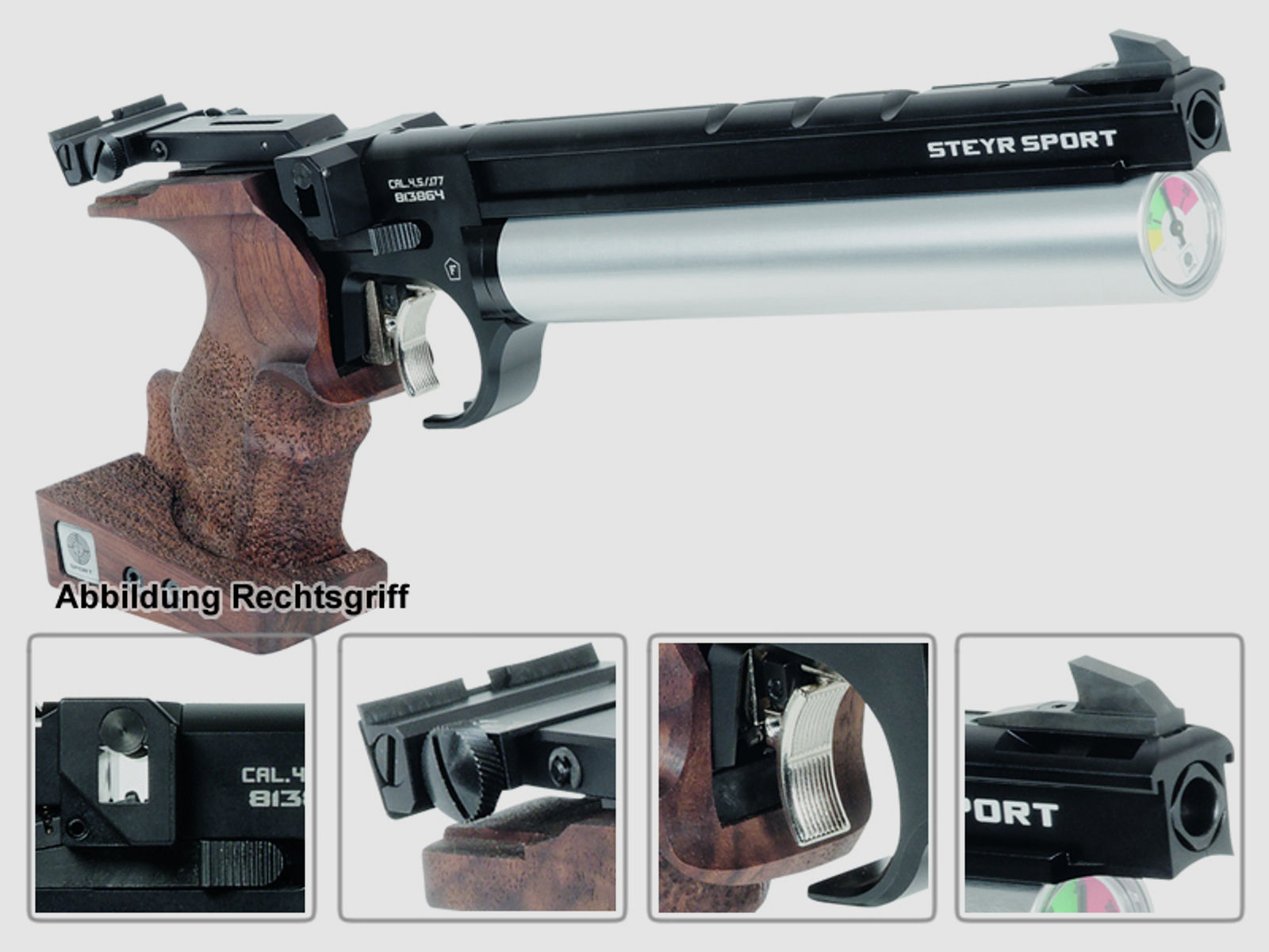 Match Pressluftpistole STEYR LP 50 silberne Kartusche Rechtsgriff Kaliber 4,5 mm (P18)
