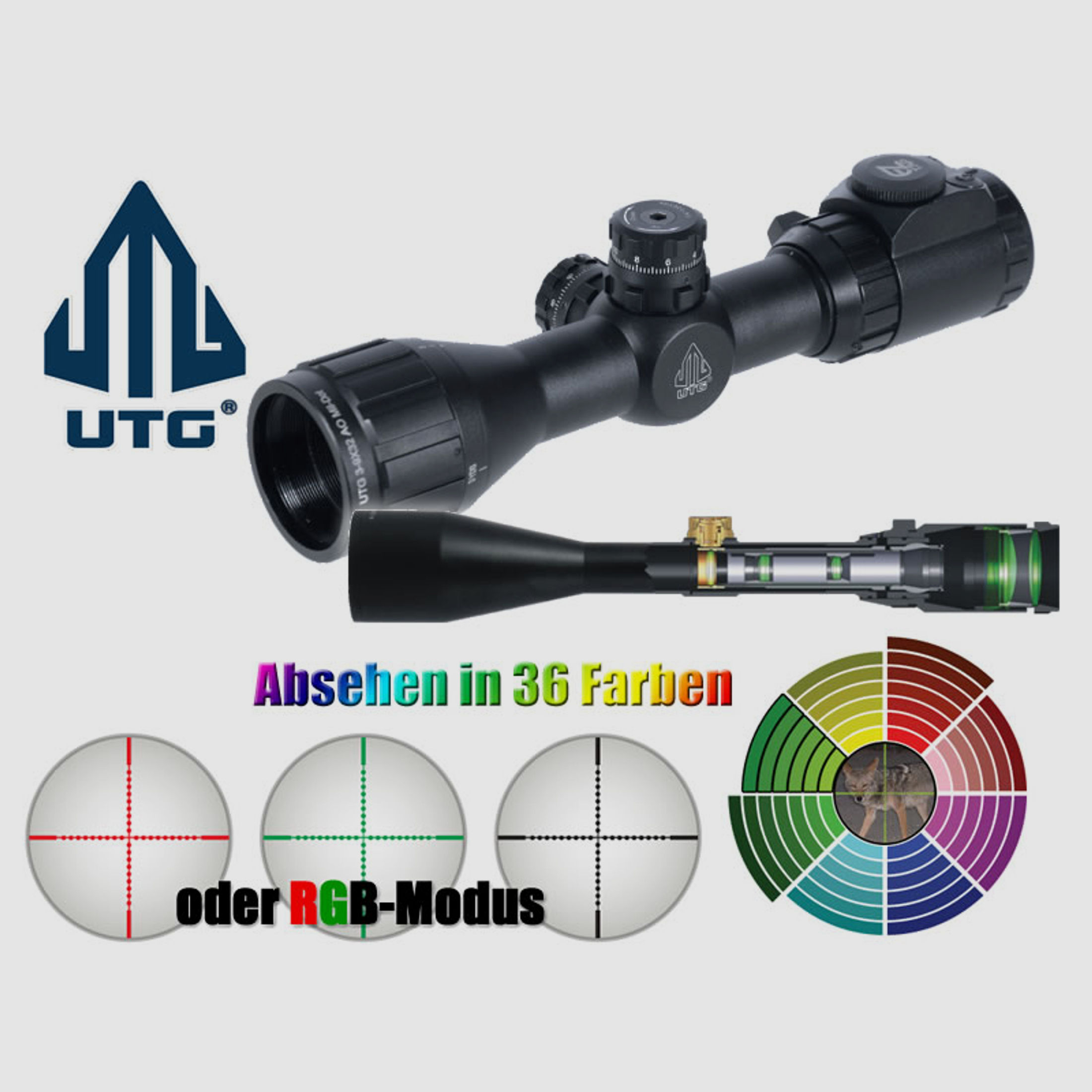Zielfernrohr UTG BUG BUSTER 1 Zoll 3-9x32 AO, RGB+36 Farben Mil-Dot, Zero Lock, mit 11 mm und 22 mm Montage