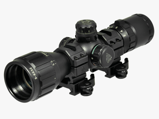 Taktisches Zielfernrohr 3-9x32 von UTG mit Mil Dot Absehen in rot und grĂĽn beleuchtbar, inkl 11mm und 22mm Montage