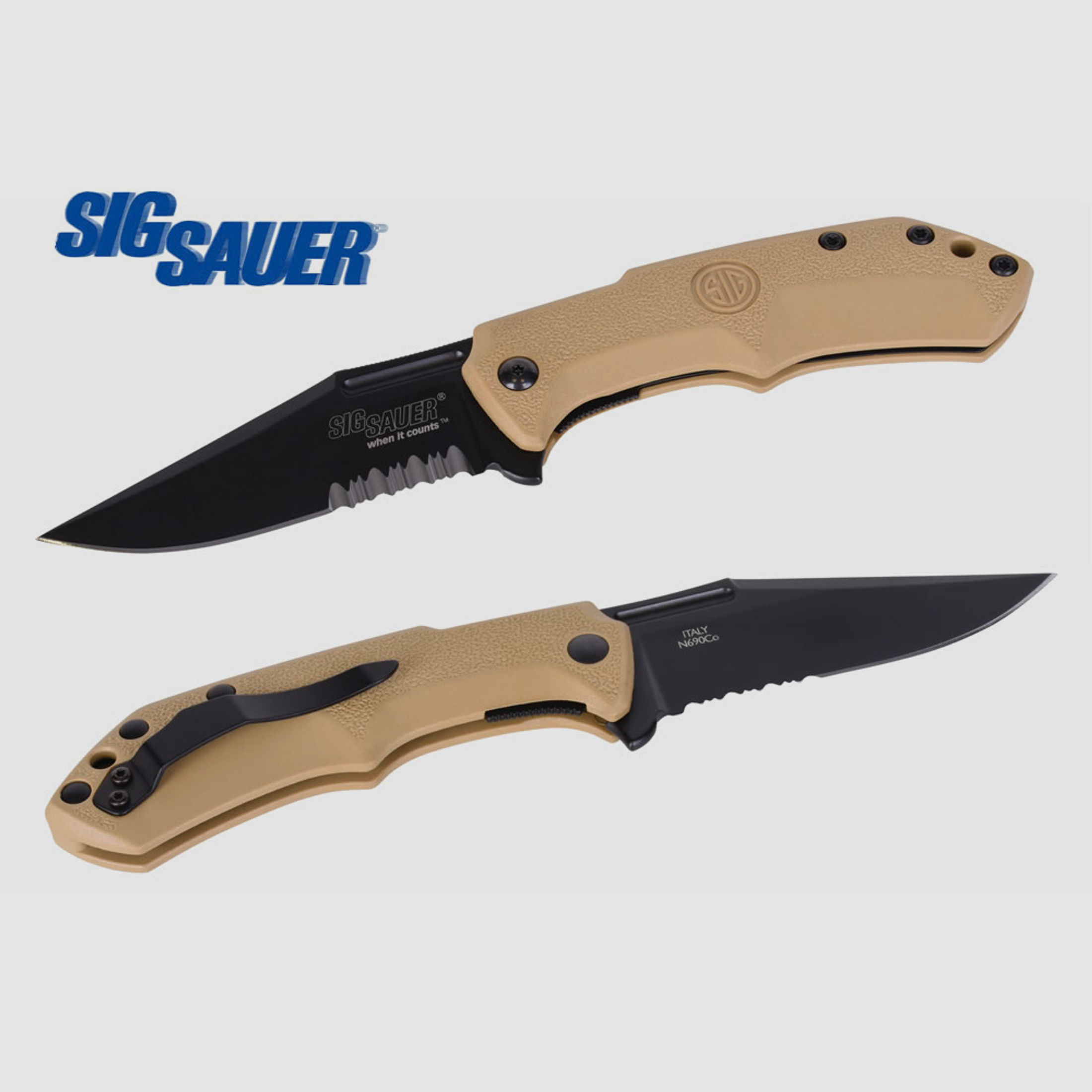 Taschenmesser Sig Sauer M1 TAN, Tactical Folding Knife, Clippoint-Klinge 90 mm, GĂĽrtelclip