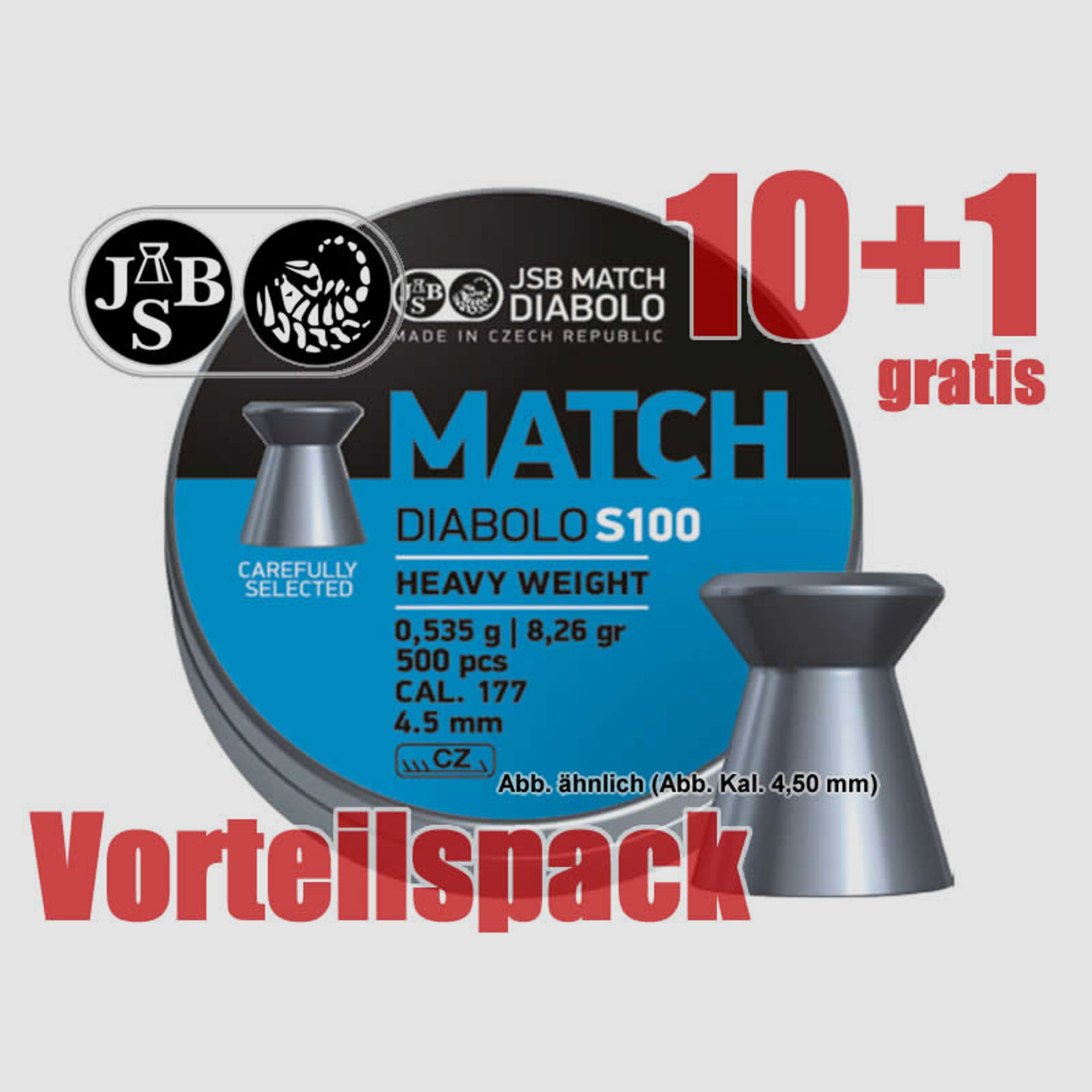 10+1 GRATIS x 500 St. Match-Diabolo JSB MATCH S100 HEAVY, Kal. 4,50 mm, 0,535 g