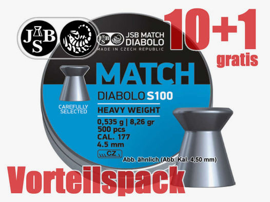 10+1 GRATIS x 500 St. Match-Diabolo JSB MATCH S100 HEAVY, Kal. 4,50 mm, 0,535 g