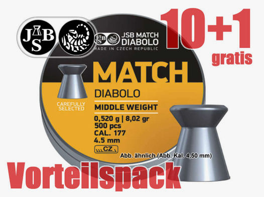 Vorteilspack 10+1 Flachkopf Diabolos JSB Match Middle Kaliber 4,52 mm 0,52 g glatt 11 x 500 StĂĽck