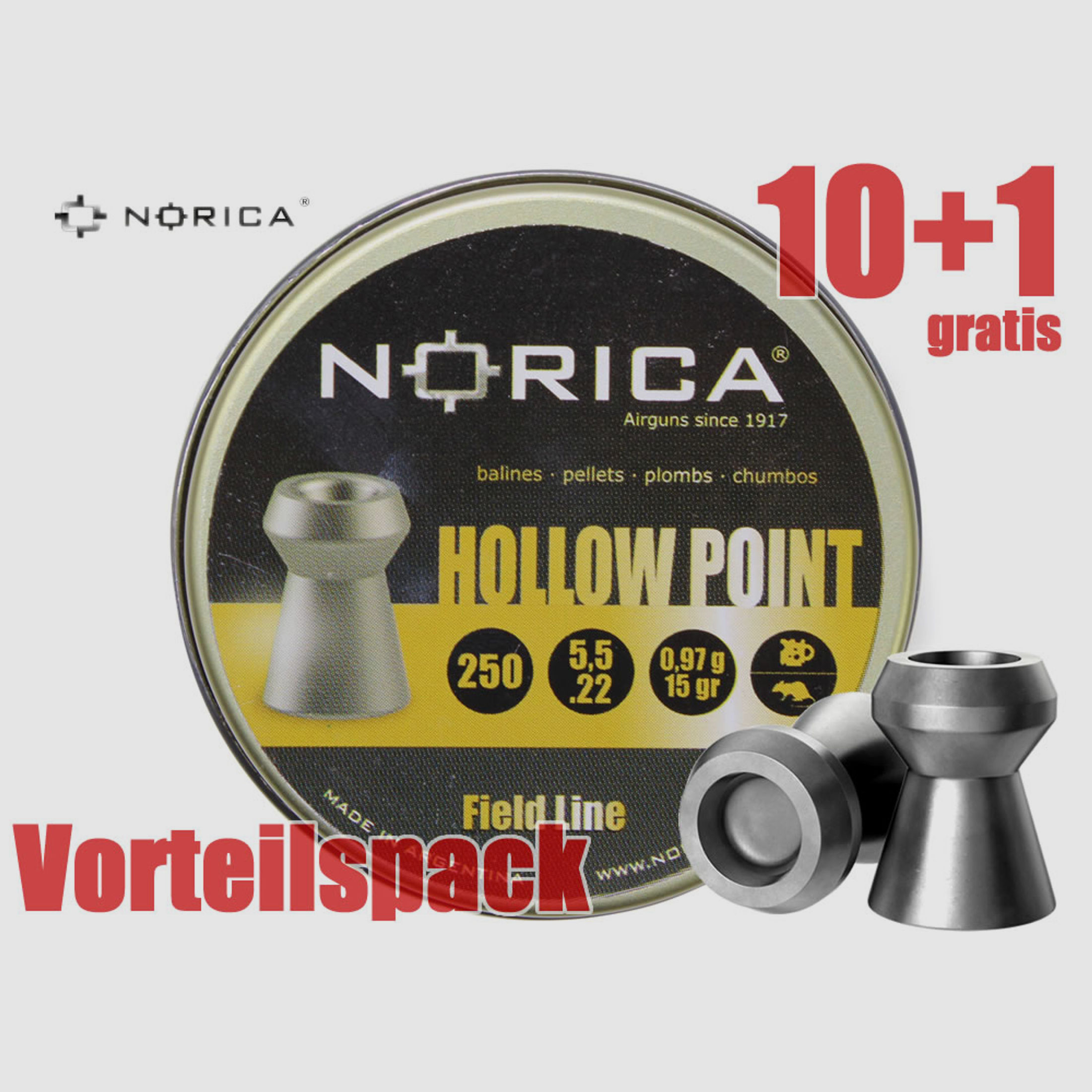 10+1 GRATIS x 250 StĂĽck NORICA Hohlspitz Diabolo HOLLOW POINT, Kaliber 5,5 mm, 0,97 g