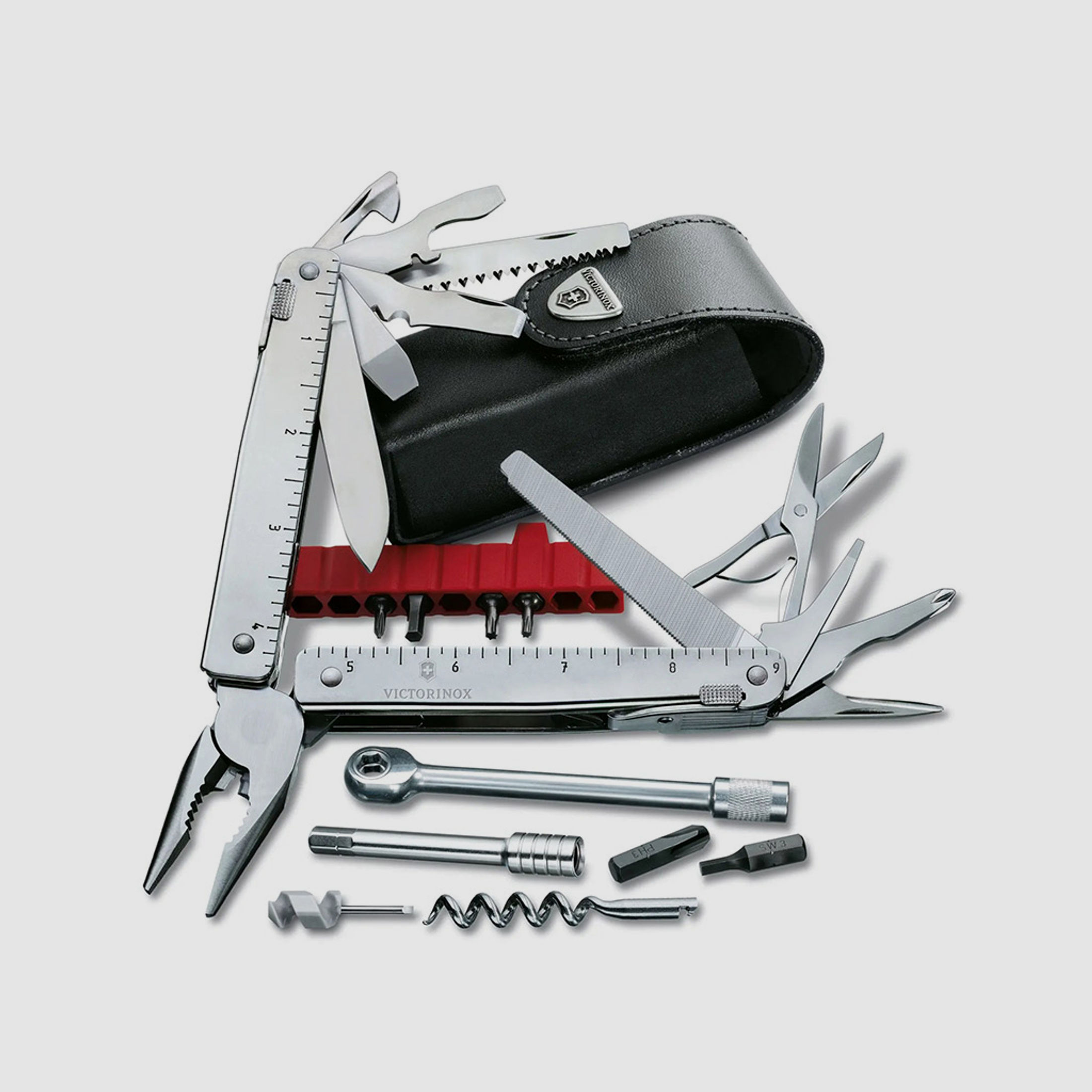 Multitools Multi Werkzeug Schweizer Taschenmesser Victorinox Swiss Tool X Plus Ratchet LĂ¤nge 11,5 cm 34 Funktionen inklusive Leder-Etui (P18)