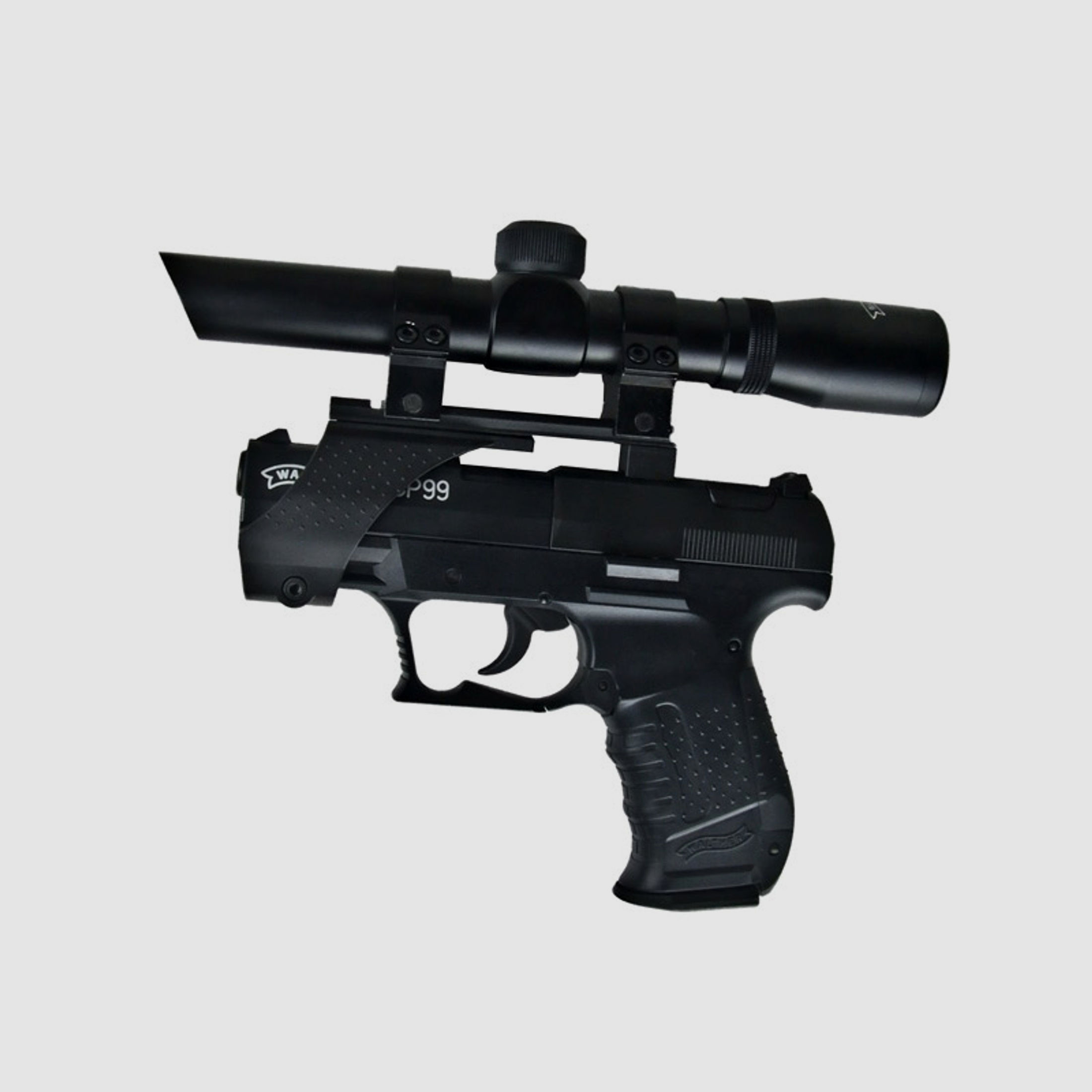CO2 Pistole Walther CP99 schwarz Kaliber 4,5 mm Diabolo (P18)+ Zielfernrohr 2x20 Montage Weaverschiene