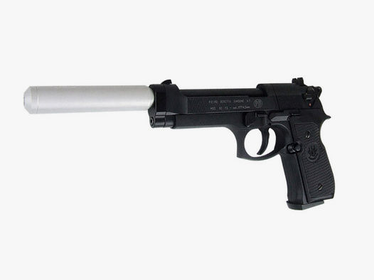 CO2 Pistole M 92 FS schwarz Kunststoffgriffschalen Kaliber 4,5 mm (P18)+ SchalldĂ¤mpfer silber Adapter