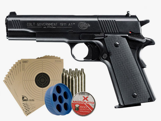 CO2 Pistole Colt 1911 A1 schwarz Kaliber 4,5 mm Diabolo (P18)+ Diabolos Zielscheiben CO2 Kapsel Speedloader