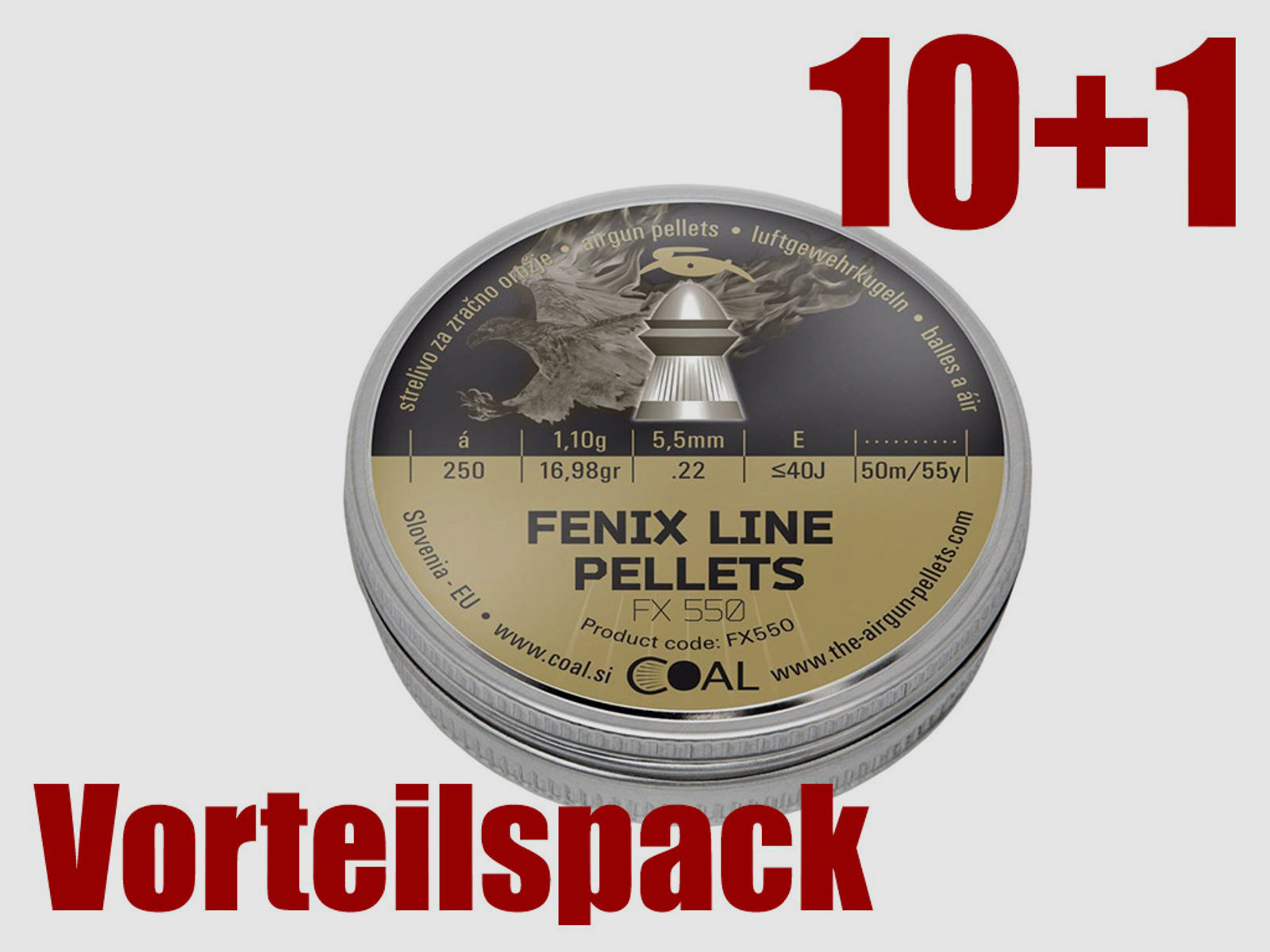 10+1 GRATIS x 250 StĂĽck Coal Fenix Line Pellets Diabolos, Rundkopf, gerieffelt, 1,10 g, Kaliber 5,5 mm