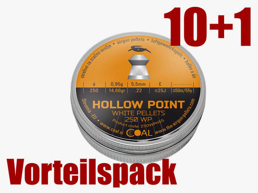 10+1 GRATIS x 250 StĂĽck Coal White Pellets Hollow Point Diabolaos, Hohlspitz, geriffelt, 0,95 g, Kaliber 5,5 mm