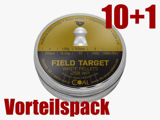 10+1 GRATIS x 250 StĂĽck Coal White Pellets Field Target Diabolo, Rundkopf, geriffelt, 1,00 g, Kaliber 5,5 mm