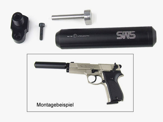 Adapter und schwarzer SchalldĂ¤mpfer fĂĽr CO2 Pistole Walther CP88 (P18)
