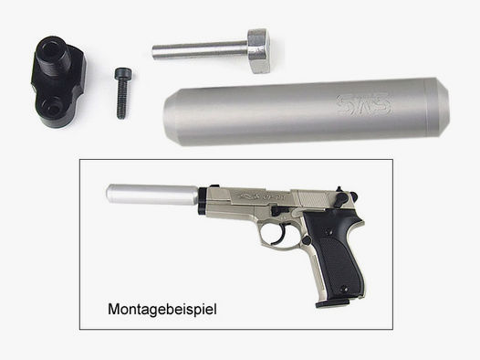Adapter und silberner SchalldĂ¤mpfer fĂĽr CO2 Pistole Walther CP88 (P18)